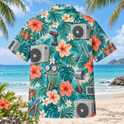 Back view of Workshop HVAC Hawaiian Shirt with matching artwork in turquoise, coral, cream
