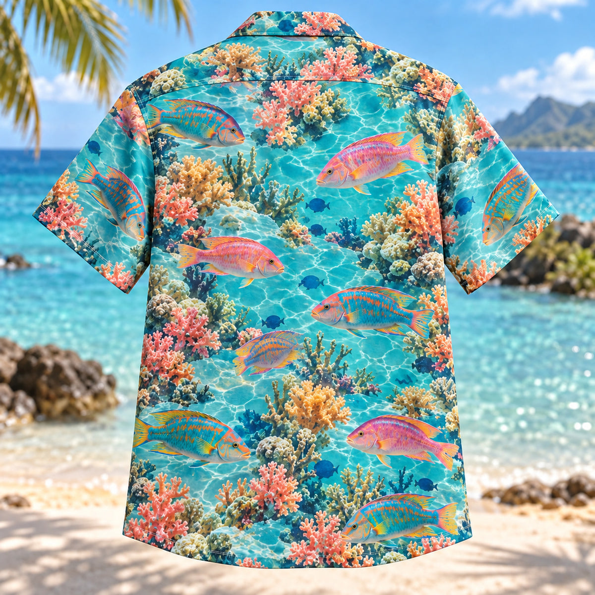 Back view of Wrasse Lagoon Reef Aquarium Hawaiian Shirt with matching artwork in turquoise, pink, orange