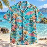 Front view of Wrasse Lagoon Reef Aquarium Hawaiian Shirt with colorful reef wrasse fish in clear tropical water