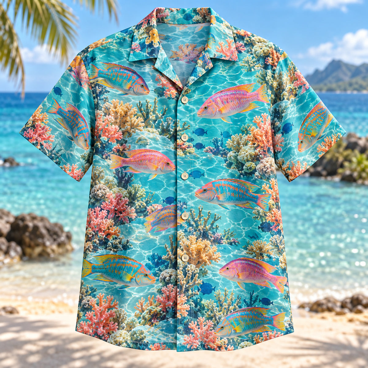 Front view of Wrasse Lagoon Reef Aquarium Hawaiian Shirt with colorful reef wrasse fish in clear tropical water