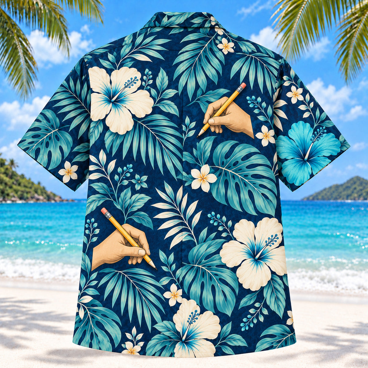 Back view of Writing Hand Navy Occupational Therapist Hawaiian Shirt with matching artwork in navy, aqua, warm cream