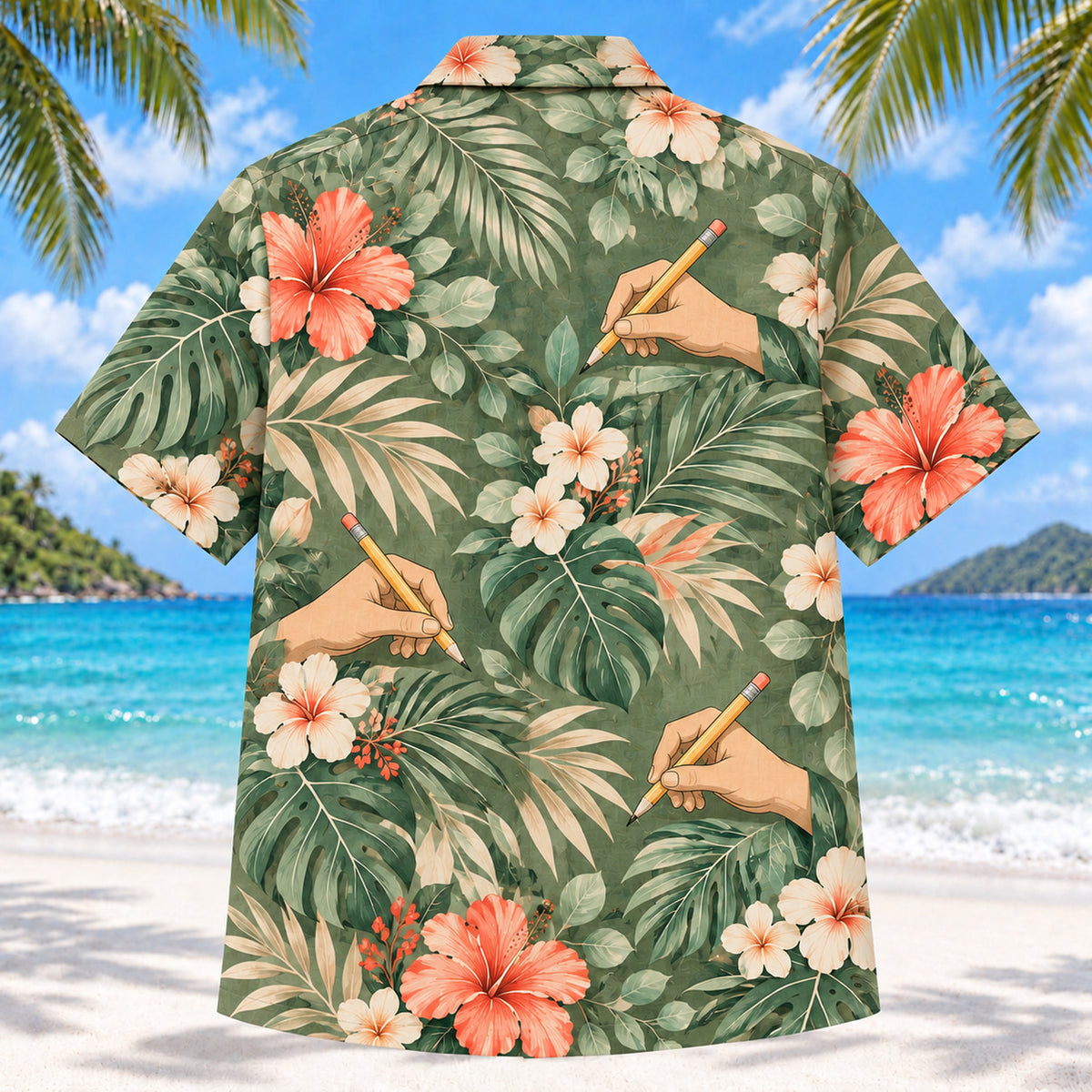 Back view of Writing Hand Sage Occupational Therapist Hawaiian Shirt with matching artwork in sage, sand, coral