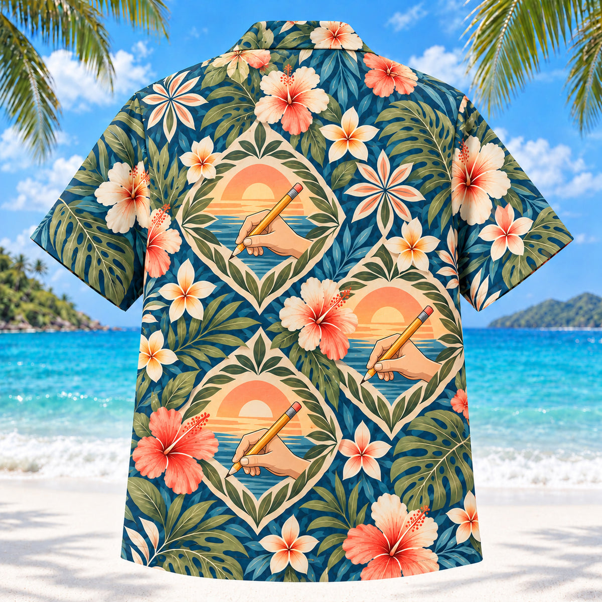 Back view of Writing Hand Sunset Occupational Therapist Hawaiian Shirt with matching artwork in sunset peach, sea blue, olive