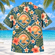 Back view of Writing Hand Sunset Occupational Therapist Hawaiian Shirt with matching artwork in sunset peach, sea blue, olive