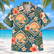 Front view of Writing Hand Sunset Occupational Therapist Hawaiian Shirt with original original hand-and-pencil silhouettes and flowers in a loose geometric medallions