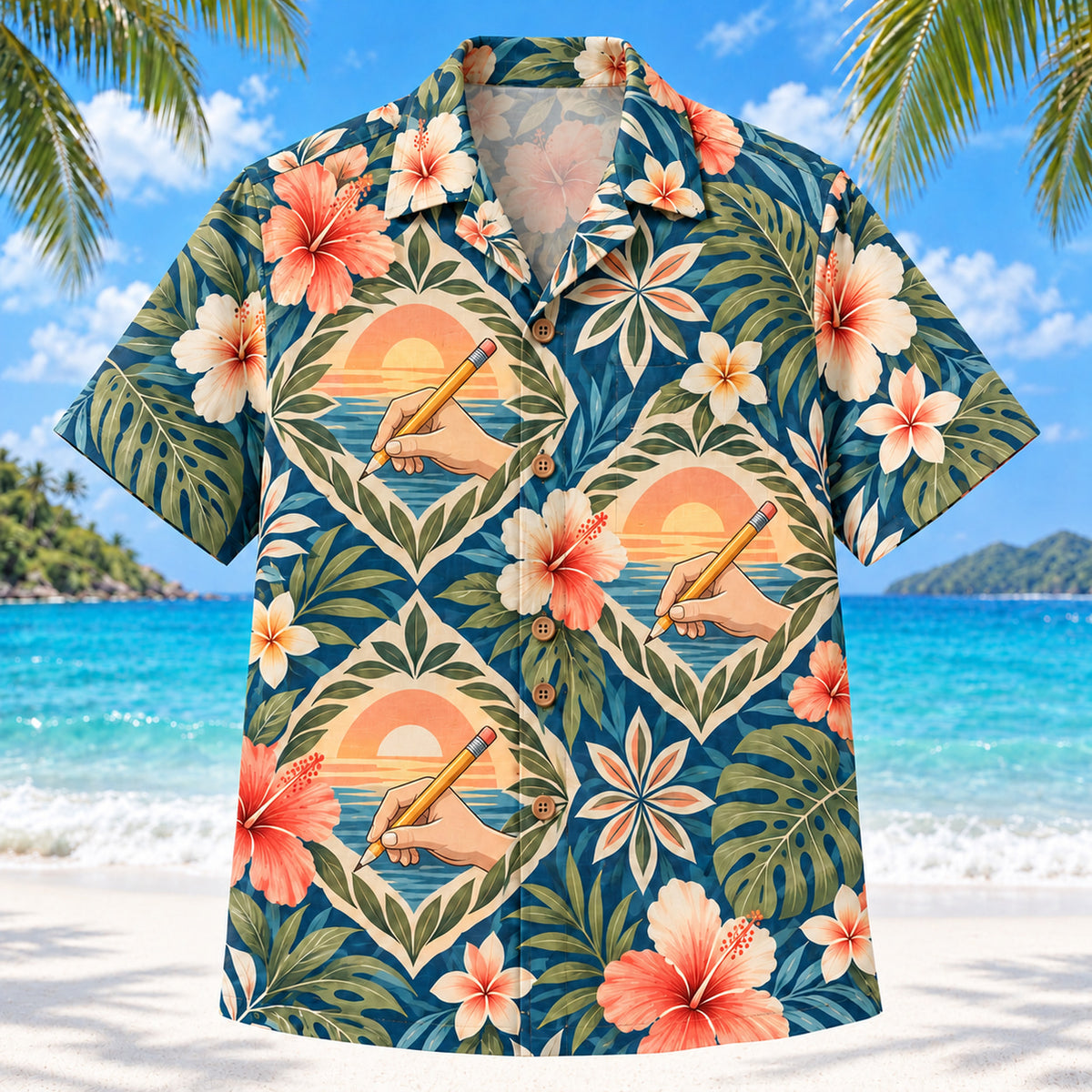 Front view of Writing Hand Sunset Occupational Therapist Hawaiian Shirt with original original hand-and-pencil silhouettes and flowers in a loose geometric medallions