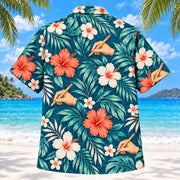 Back view of Writing Hand Teal Occupational Therapist Hawaiian Shirt with matching artwork in deep teal, ivory, coral