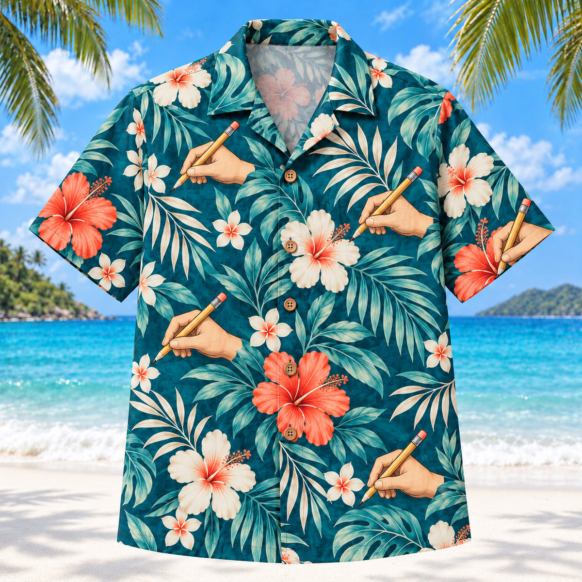 Front view of Writing Hand Teal Occupational Therapist Hawaiian Shirt with original original hand-and-pencil silhouettes and flowers in a airy diagonal repeat