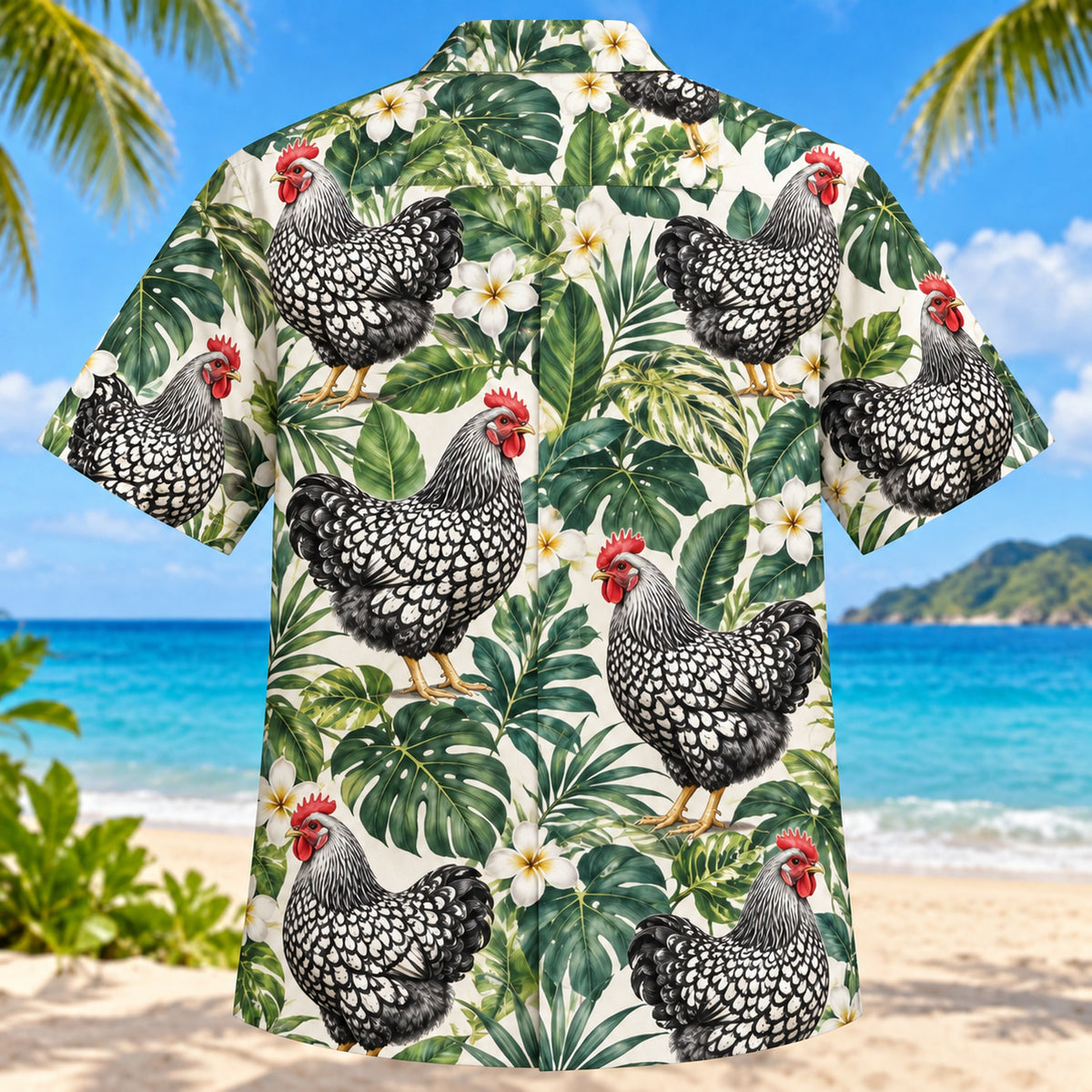 Back view of Wyandotte Botanical Chicken Hawaiian Shirt with matching artwork in black, white, sage