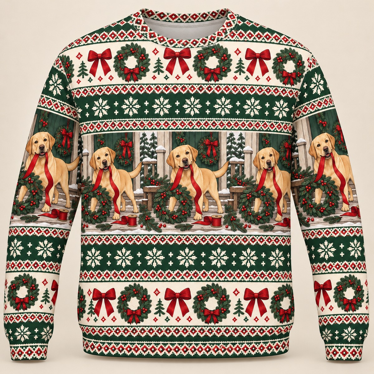 Yellow Labrador Christmas Wreath all-over-print sweater front view