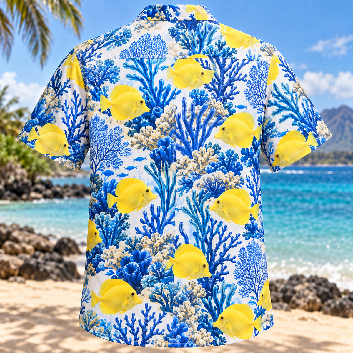 Back view of Yellow Tang Reef Aquarium Hawaiian Shirt with matching artwork in lemon, cobalt, white