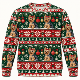 Yorkshire Terrier Christmas Bow & Ornaments All Over Print Ugly Sweater