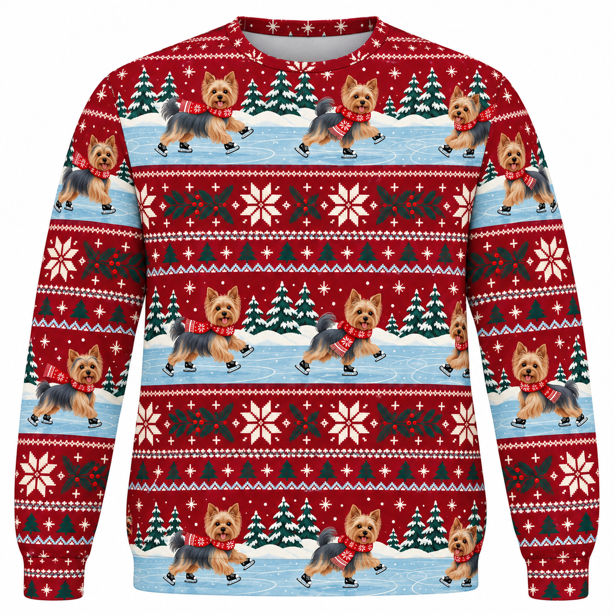 Yorkshire Terrier Christmas ice skating Ugly Sweater front view