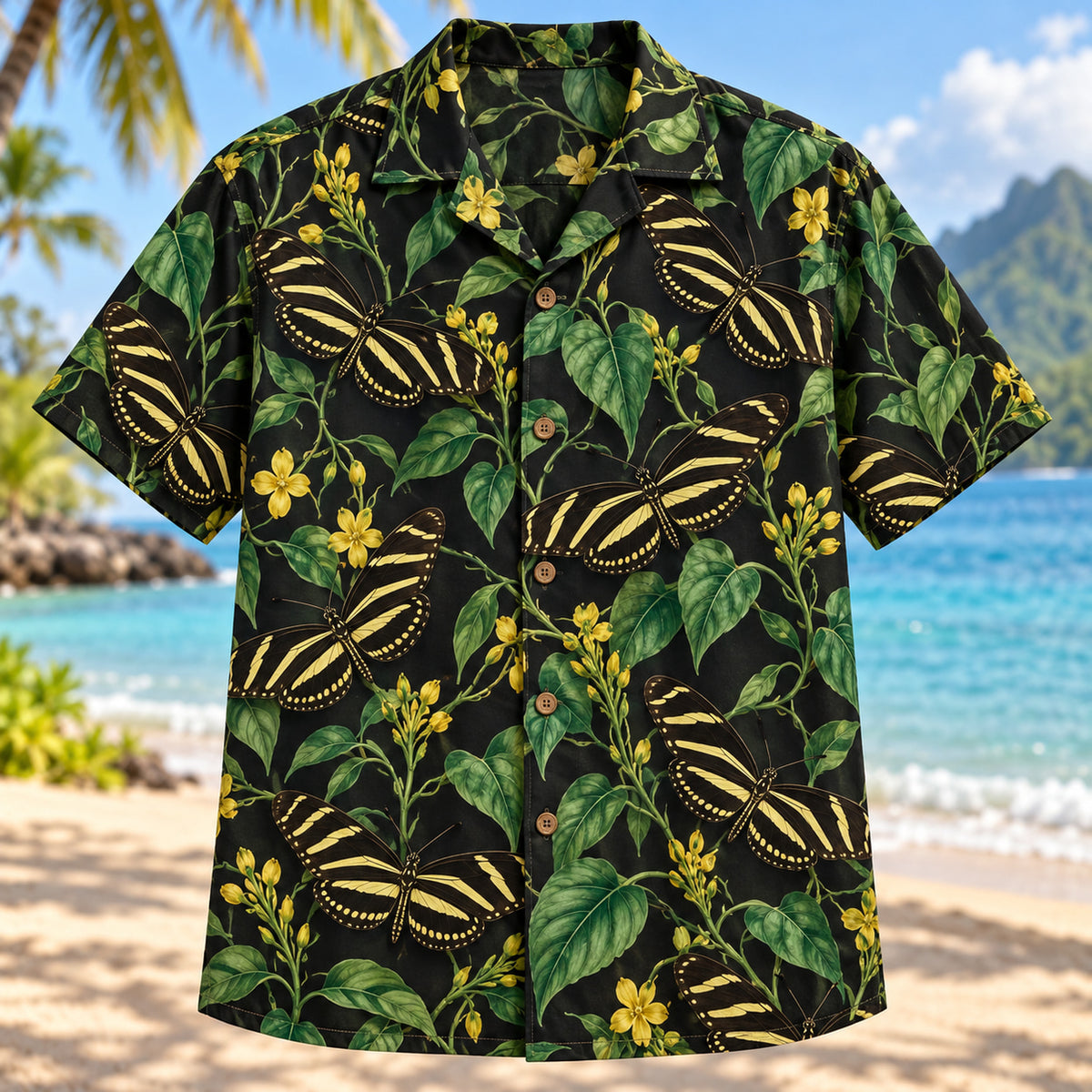 Front view of Zebra Longwing Vine Butterfly and Moth Hawaiian Shirt with zebra longwing butterflies among vines
