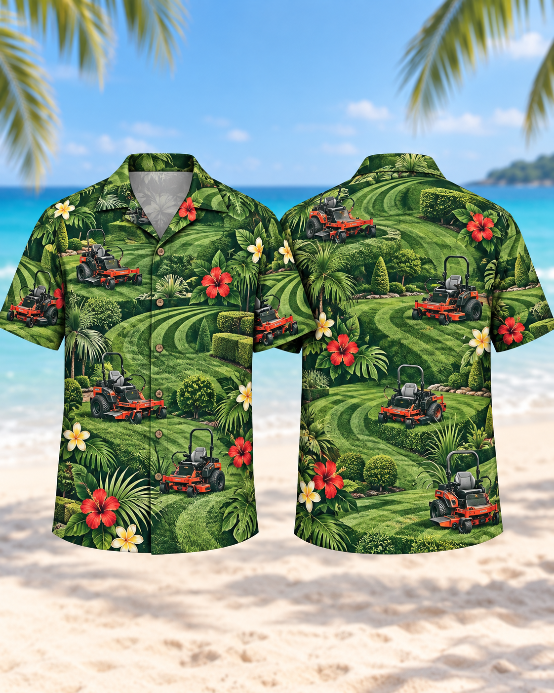 Zero turn mower Hawaiian shirt with striped lawns, tropical flowers and landscaping print, front and back