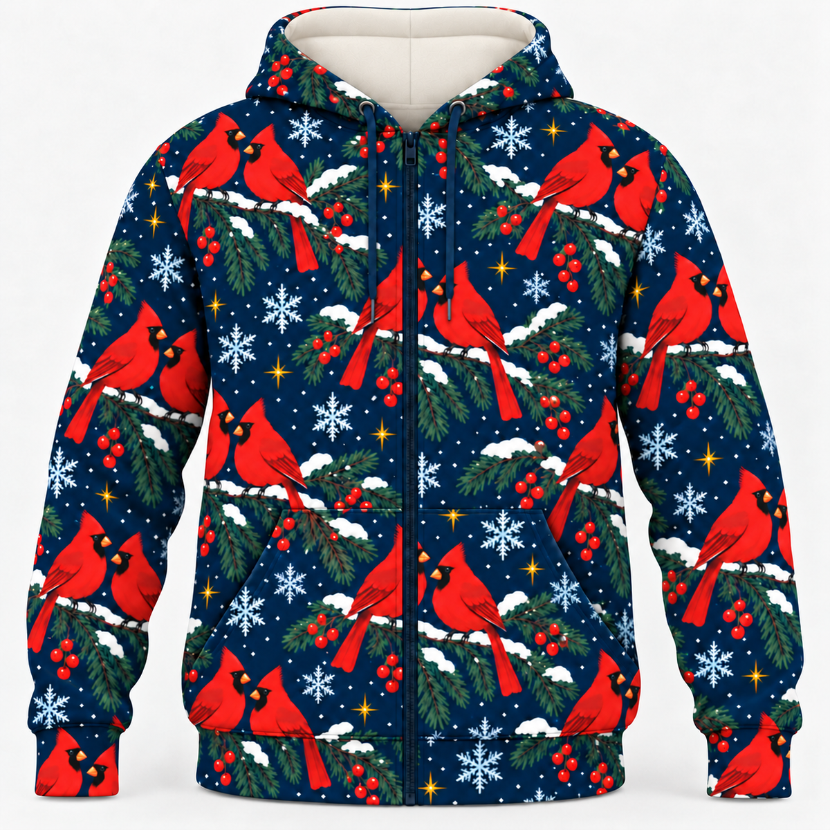 Christmas Cardinal Snowy Spruce Zip Hoodie front mockup