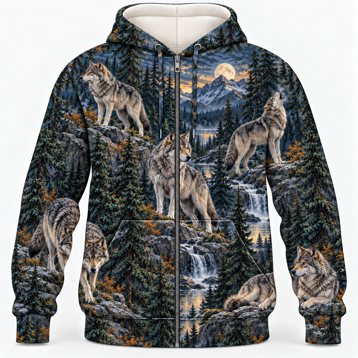 Wolf Northern Pines zip hoodie front all over print mockup