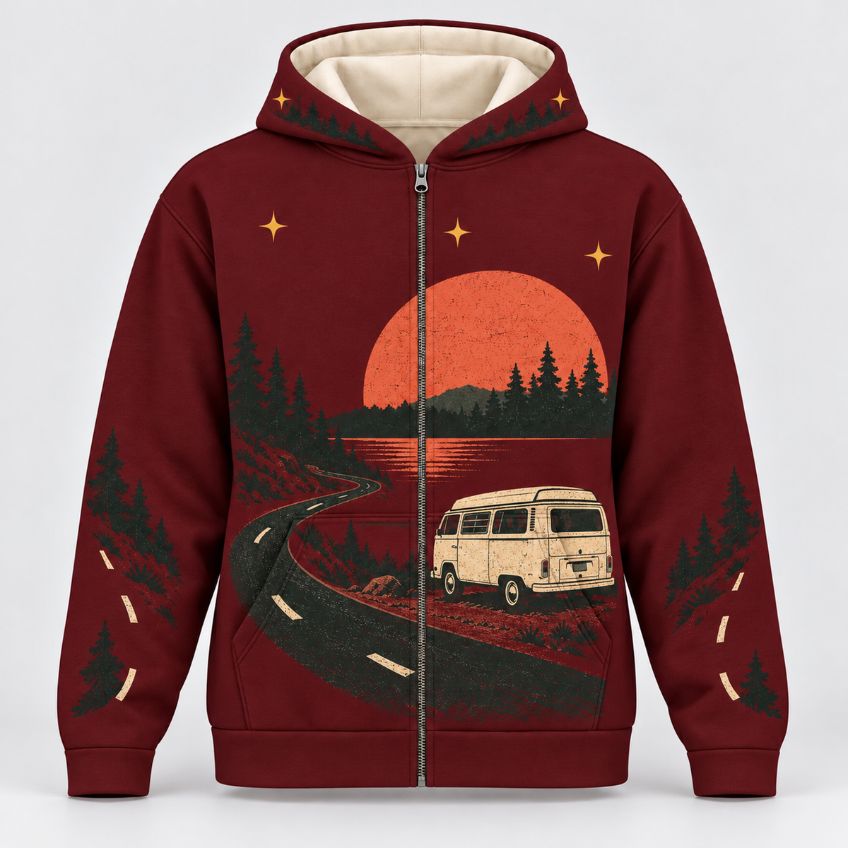 Camp Van Sunset camping zip hoodie front mockup